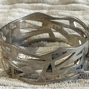 Sterling Silver HEAVY Geometric Abalone Cutout Cuff Bracelet